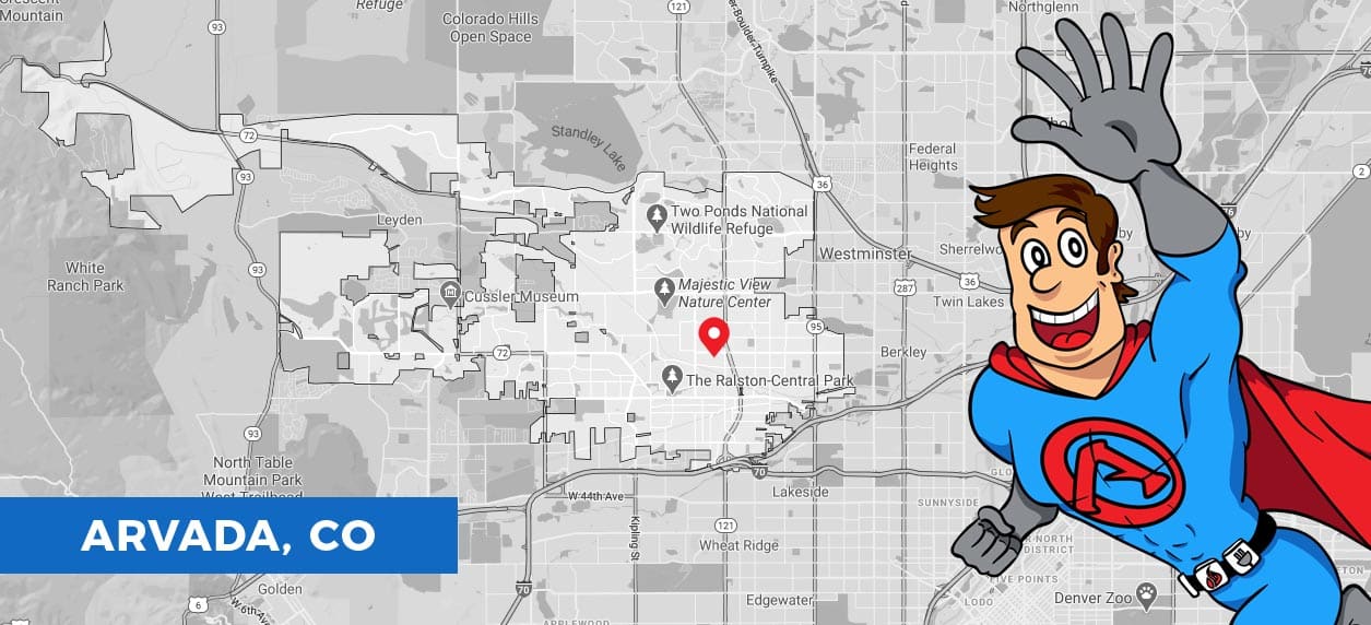 Absolute mascot waving in bottom right corner, in front of gray map of Arvada, CO.