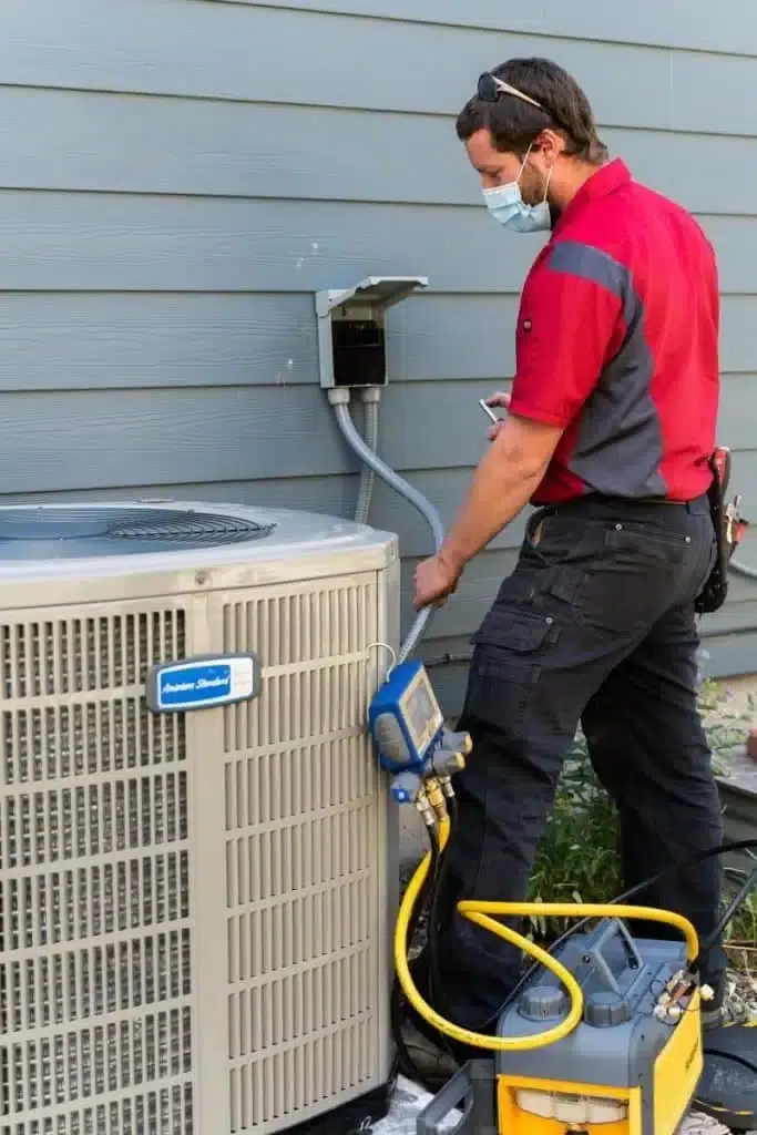 Technician performing maintenance on an outdoor AC unit next to a home.