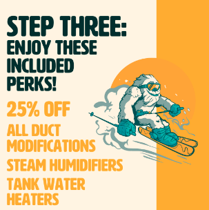 Promotional graphic for Absolute's Get Yeti for Winter Plan. This graphic explains that the third step to signing up is to enjoy discounts, including 25% off all duct modifications, steam humidifiers, and tank water heaters.